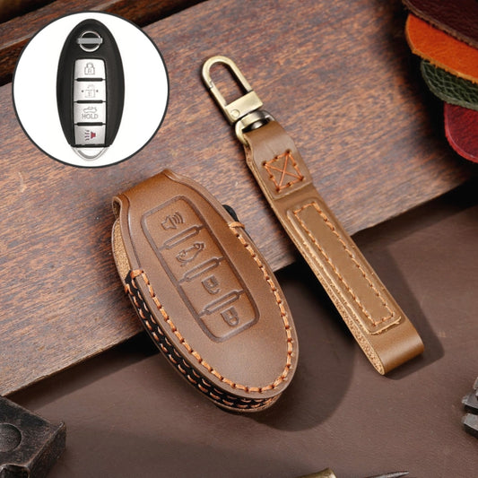 For Nissan 4-button Horn Hallmo Car Cowhide Leather Key Protective Cover Key Case(Brown) - Car Key Cases by Hallmo | Online Shopping South Africa | PMC Jewellery | Buy Now Pay Later Mobicred