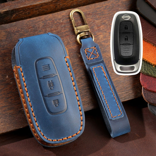 For Nissan Teana / Ariya 2-button Hallmo Car Cowhide Leather Key Protective Cover Key Case(Blue) - Car Key Cases by Hallmo | Online Shopping South Africa | PMC Jewellery | Buy Now Pay Later Mobicred