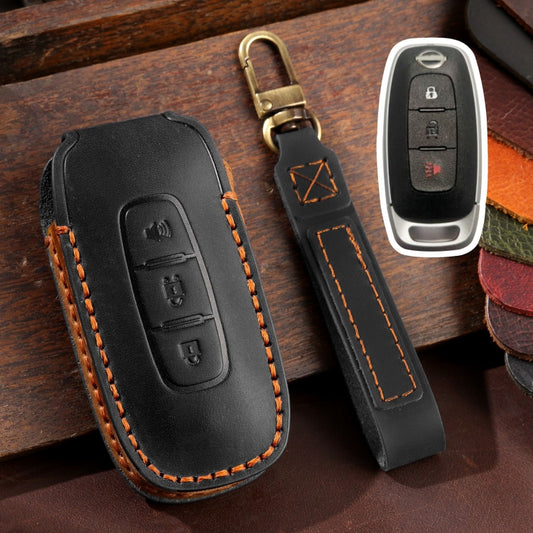 For Nissan Teana / Ariya 3-button Horn Hallmo Car Cowhide Leather Key Protective Cover Key Case(Black) - Car Key Cases by Hallmo | Online Shopping South Africa | PMC Jewellery | Buy Now Pay Later Mobicred