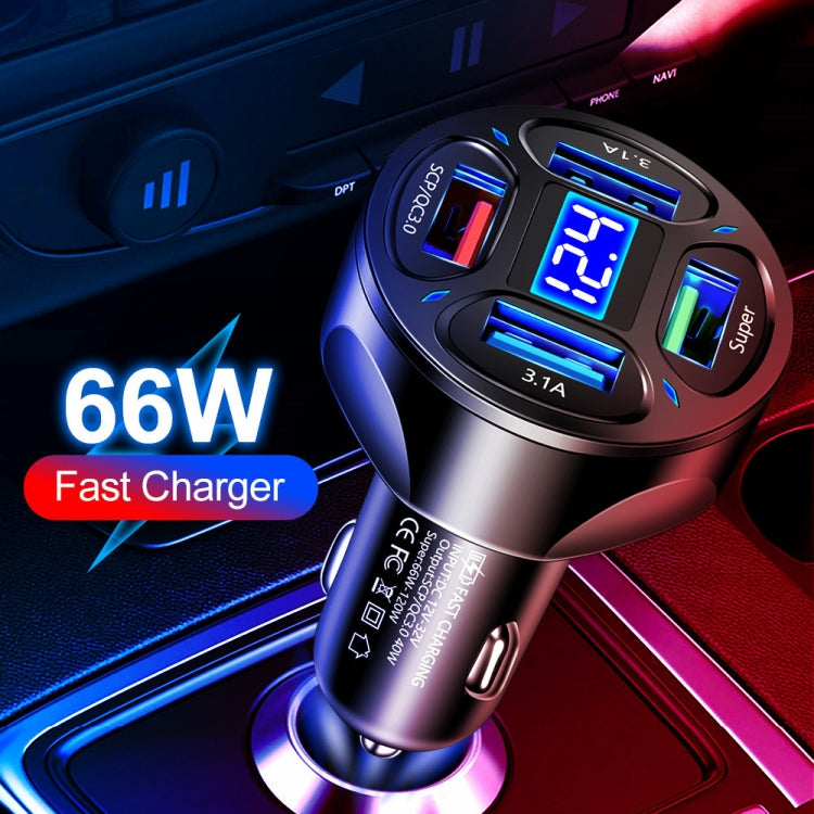 66W 4 in 1 Digital Display Fast Charging Car Charger with Voltmeter (Black) - Car Charger by PMC Jewellery | Online Shopping South Africa | PMC Jewellery | Buy Now Pay Later Mobicred