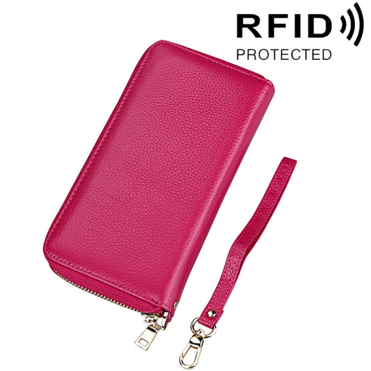 Genuine Cowhide Leather Litchi Texture Zipper Long Style Card Holder Wallet RFID Blocking Coin Purse Card Bag Protect Case with Hand Strap for Women, Size: 20*10.5*3cm(Magenta) - Antimagnetic RFID Package by PMC Jewellery | Online Shopping South Africa | PMC Jewellery | Buy Now Pay Later Mobicred