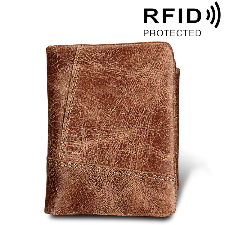 Genuine Cowhide Leather Crazy Horse Texture Zipper 3-folding Short Style Card Holder Wallet RFID Blocking Coin Purse Card Bag Protect Case for Men, Size: 12*9.5*4cm(Taupe) - Antimagnetic RFID Package by PMC Jewellery | Online Shopping South Africa | PMC Jewellery | Buy Now Pay Later Mobicred