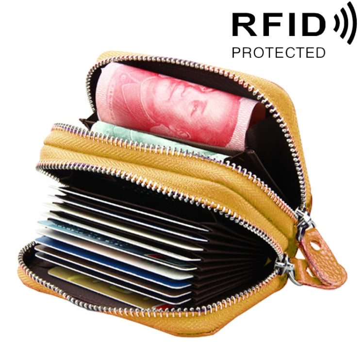 Genuine Leather Dual Layer Zipper Card Holder Wallet RFID Blocking Purse, Size: 10.5x7.0x4.0cm(Yellow) - Antimagnetic RFID Package by PMC Jewellery | Online Shopping South Africa | PMC Jewellery | Buy Now Pay Later Mobicred