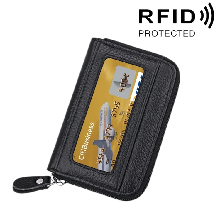 Genuine Cowhide Leather Solid Color Zipper Horizontal Card Holder Wallet RFID Blocking Card Bag Protect Case with 12 Card Slots, Size: 11.5*7.5cm(Black) - Antimagnetic RFID Package by PMC Jewellery | Online Shopping South Africa | PMC Jewellery | Buy Now Pay Later Mobicred