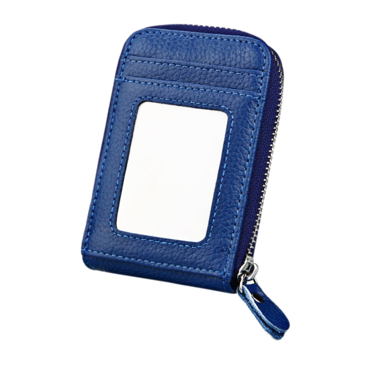 Genuine Cowhide Leather Solid Color Zipper Vertical Card Holder Wallet RFID Blocking Card Bag Protect Case with 12 Card Slots, Size: 11.5*7.5cm(Blue) - Antimagnetic RFID Package by PMC Jewellery | Online Shopping South Africa | PMC Jewellery | Buy Now Pay Later Mobicred