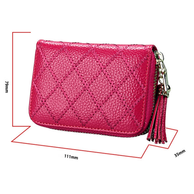 Genuine Cowhide Leather Grid Texture Zipper Card Holder Wallet RFID Blocking Card Bag Protect Case Coin Purse with Tassel Pendant & 15 Card Slots for Women, Size: 11.1*7.9*3.5cm(Pink) - Antimagnetic RFID Package by PMC Jewellery | Online Shopping South Africa | PMC Jewellery | Buy Now Pay Later Mobicred