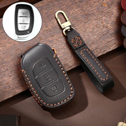 Hallmo Car Cowhide Leather Key Protective Cover Key Case for Hyundai IX35 B Style(Black) - Car Key Cases by Hallmo | Online Shopping South Africa | PMC Jewellery | Buy Now Pay Later Mobicred