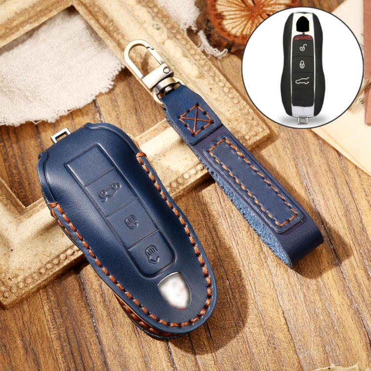 Hallmo Car Cowhide Leather Key Protective Cover Key Case for Porsche Macan 718 2021 A Style(Blue) - Car Key Cases by Hallmo | Online Shopping South Africa | PMC TechLife | Buy Now Pay Later Mobicred