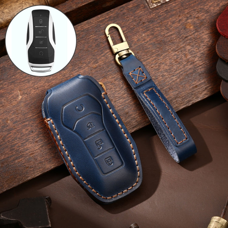 Hallmo Car Cowhide Leather Key Protective Cover Key Case for BYD(Blue) - Car Key Cases by Hallmo | Online Shopping South Africa | PMC TechLife | Buy Now Pay Later Mobicred