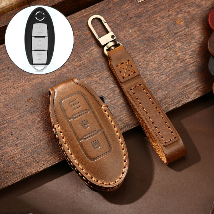 Hallmo Car Cowhide Leather Key Protective Cover Key Case for Nissan Sylphy 2-button(Brown) - Car Key Cases by Hallmo | Online Shopping South Africa | PMC Jewellery | Buy Now Pay Later Mobicred