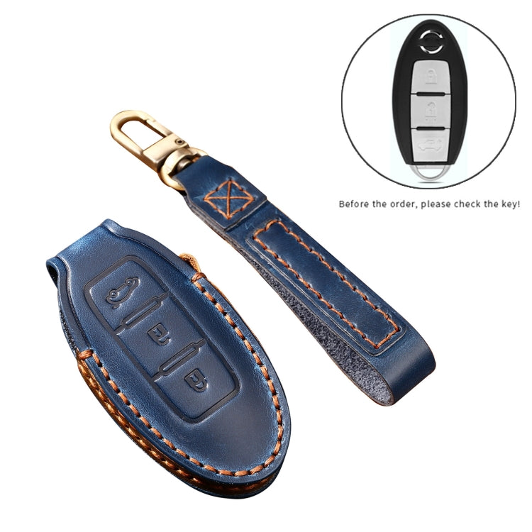 Hallmo Car Cowhide Leather Key Protective Cover Key Case for Nissan Sylphy 3-button Tail Box(Blue) - Car Key Cases by Hallmo | Online Shopping South Africa | PMC TechLife | Buy Now Pay Later Mobicred