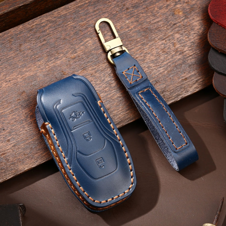 Hallmo Car Cowhide Leather Key Protective Cover Key Case for Ford Focus  A Style(Blue) - Car Key Cases by Hallmo | Online Shopping South Africa | PMC Jewellery | Buy Now Pay Later Mobicred