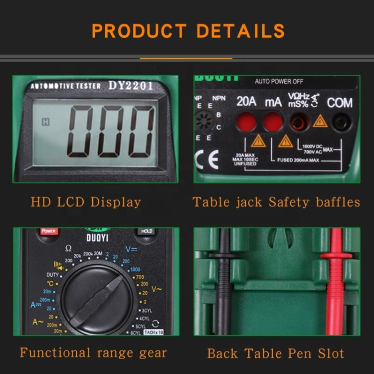 DUOYI DY2201 Car High-precision Digital Automobile Multi-function Maintenance Automatic Universal Meter - free shipping - PMC TechLife - Order now!