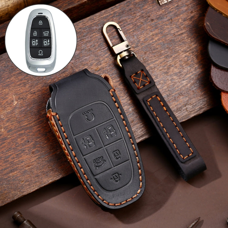 Hallmo Car Cowhide Leather Key Protective Cover Key Case for Hyundai 6-button(Black) - Car Key Cases by Hallmo | Online Shopping South Africa | PMC TechLife | Buy Now Pay Later Mobicred