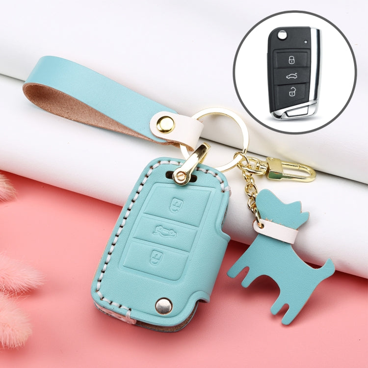 Hallmo Car Female Style Cowhide Leather Key Protective Cover for Volkswagen, B Type Folding(Lake Blue) - Car Key Cases by Hallmo | Online Shopping South Africa | PMC Jewellery | Buy Now Pay Later Mobicred