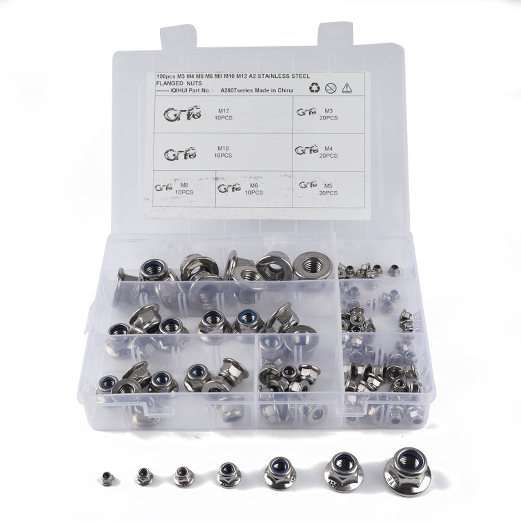 100 PCS Car 304 Stainless Steel Flange Lock Nuts Nylon Insert Locknut Kit M3-M12 - Nuts & Bolts by PMC Jewellery | Online Shopping South Africa | PMC Jewellery | Buy Now Pay Later Mobicred