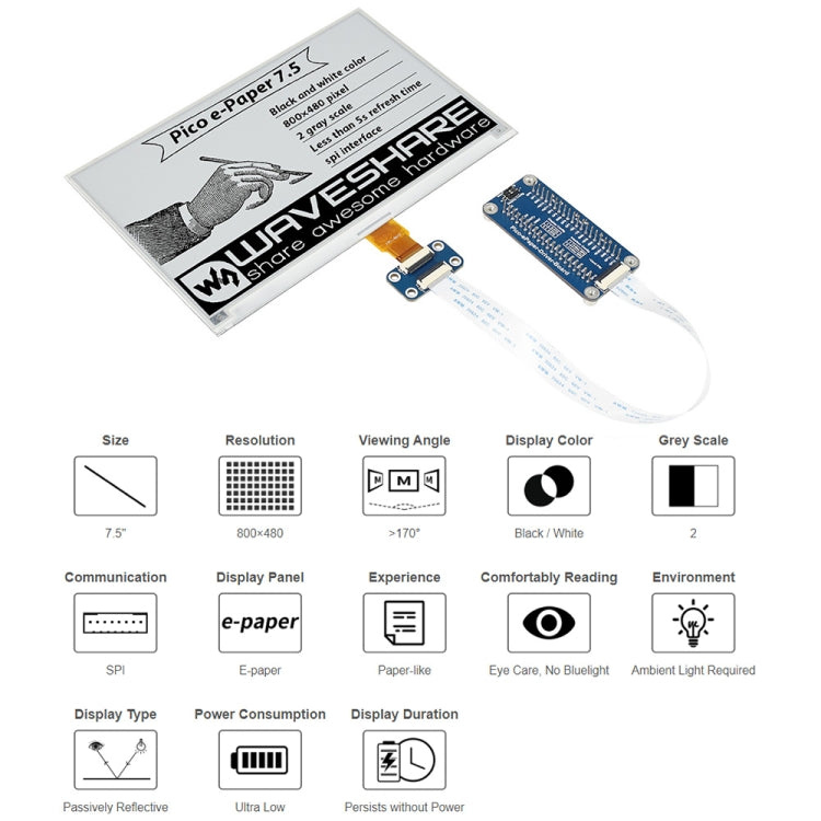 Waveshare 7.5 inch 800x480 pixel Black White E-Paper E-Ink Display Module for Raspberry Pi Pico, SPI Interface - free shipping - PMC Jewellery - Order now!