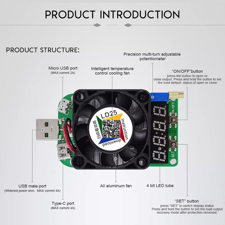LD25 Adjustable Current Voltage Electronic USB Load Resistor Discharge Battery Test - Resistor / Diodes by PMC TechLife | Online Shopping South Africa | PMC TechLife
