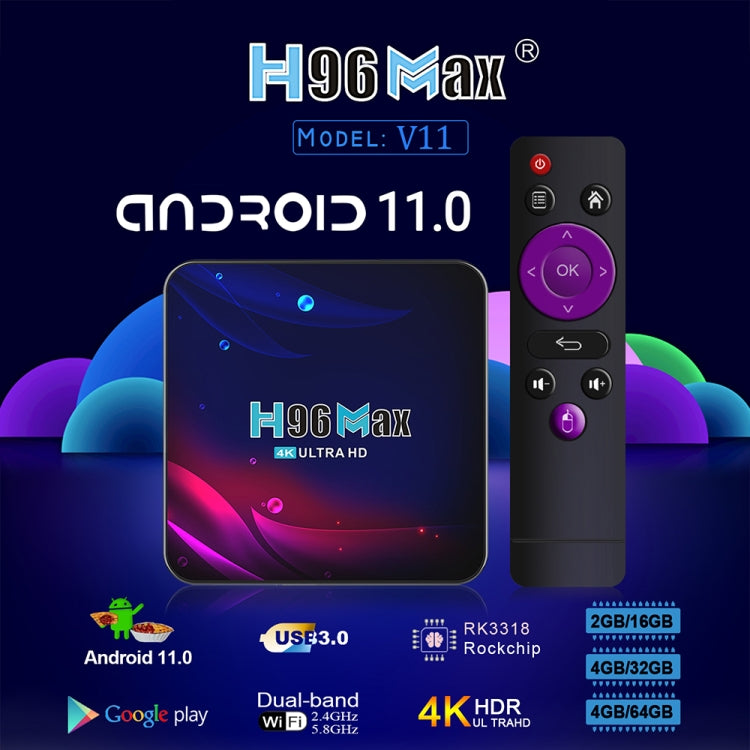 H96 Max V11 4K Smart TV BOX Android 11.0 Media Player with Remote Control, RK3318 Quad-Core 64bit Cortex-A53, RAM: 2GB, ROM: 16GB, Support Dual Band WiFi, Bluetooth, Ethernet, US Plug - RK3318 by PMC Jewellery | Online Shopping South Africa | PMC Jewellery | Buy Now Pay Later Mobicred