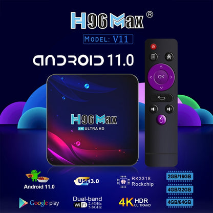 H96 Max V11 4K Smart TV BOX Android 11.0 Media Player with Remote Control, RK3318 Quad-Core 64bit Cortex-A53, RAM: 4GB, ROM: 32GB, Support Dual Band WiFi, Bluetooth, Ethernet, UK Plug - RK3318 by PMC Jewellery | Online Shopping South Africa | PMC Jewellery | Buy Now Pay Later Mobicred