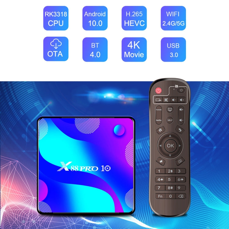 X88 Pro 10 4K Ultra HD Android TV Box with Remote Controller, Android 10.0, RK3318 Quad-Core 64bit Cortex-A53, 2GB+16GB, Support Bluetooth / Dual-Band WiFi / TF Card / USB / AV / Ethernet(AU Plug) - RK3318 by PMC Jewellery | Online Shopping South Africa | PMC Jewellery | Buy Now Pay Later Mobicred
