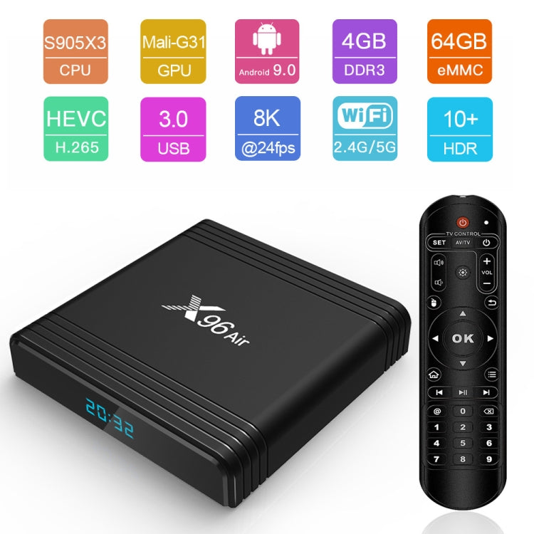 X96 Air 8K Smart TV BOX Android 9.0 Media Player with Remote Control, Quad-core Amlogic S905X3, RAM: 4GB, ROM: 64GB, Dual Band WiFi, Bluetooth, US Plug - Amlogic S905 by PMC Jewellery | Online Shopping South Africa | PMC Jewellery | Buy Now Pay Later Mobicred