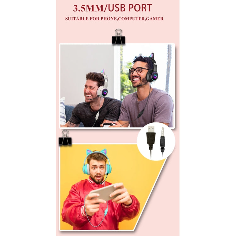 AKZ-022 USB + 3.5mm Port Cat Ear Design Foldable LED Headset with Mic(Pink) - free shipping - PMC Jewellery - Order now!