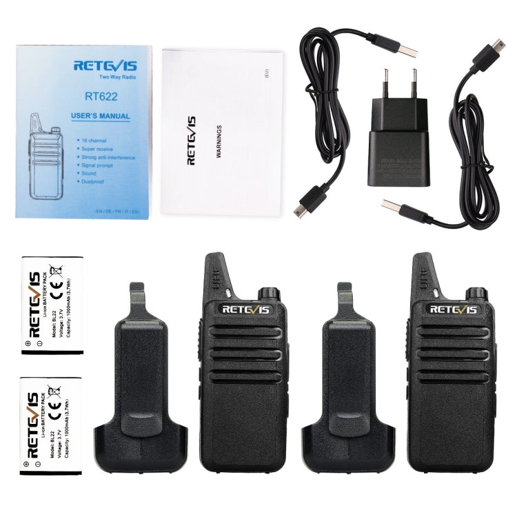 1 Pair RETEVIS RT622 EU Frequency 400-480MHz 16CHS Two Way Radio Handheld Walkie Talkie, EU Plug(Black) - Handheld Walkie Talkie by RETEVIS | Online Shopping South Africa | PMC Jewellery | Buy Now Pay Later Mobicred