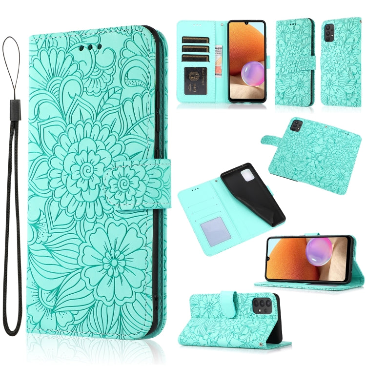 For Samsung Galaxy A32 4G Skin Feel Embossed Sunflower Horizontal Flip Leather Case with Holder & Card Slots & Wallet & Lanyard(Green) - Galaxy Phone Cases by PMC Jewellery | Online Shopping South Africa | PMC Jewellery