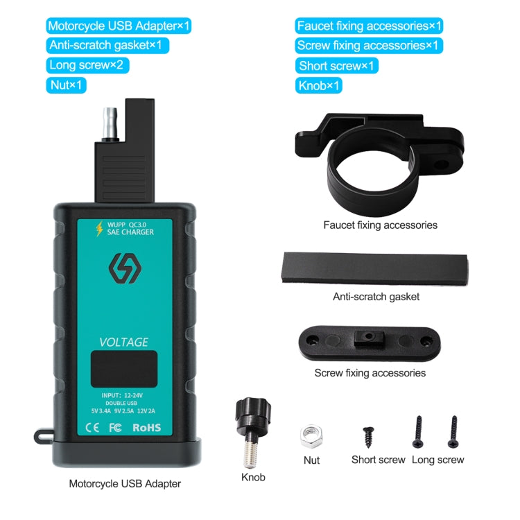 WUPP ZH-1422A1 DC12-24V Motorcycle Square Dual USB Fast Charging Charger with Switch + Voltmeter + Integrated SAE Socket - free shipping - PMC TechLife - Order now!