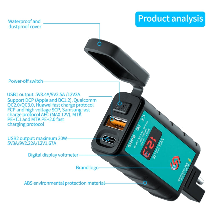WUPP ZH-1422B3 DC12-24V Motorcycle Square Single USB + PD Fast Charging Charger with Switch + Voltmeter + Integrated SAE Socket + 1.4m OT Terminal Cable - Battery Charger by WUPP | Online Shopping South Africa | PMC TechLife | Buy Now Pay Later Mobicred