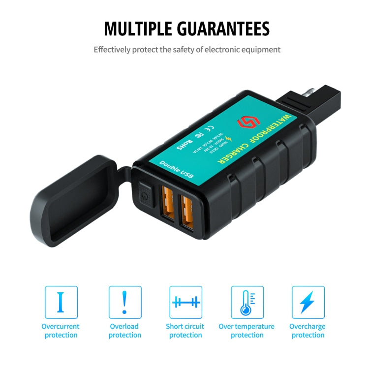 WUPP ZH-1422C2 Motorcycle Square Dual USB Fast Charging Charger with Switch + Integrated SAE Socket + 1m SAE Socket Cable - Battery Charger by WUPP | Online Shopping South Africa | PMC TechLife | Buy Now Pay Later Mobicred