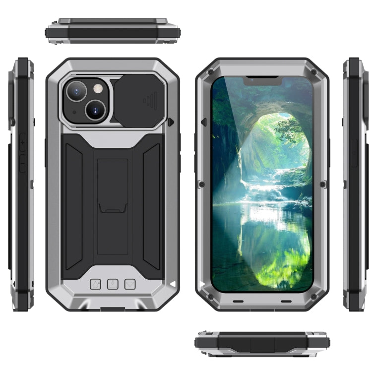 For iPhone 13 mini R-JUST Sliding Camera Shockproof Life Waterproof Dust-proof Metal + Silicone Protective Case with Holder (Silver) - iPhone 13 mini Cases by R-JUST | Online Shopping South Africa | PMC TechLife