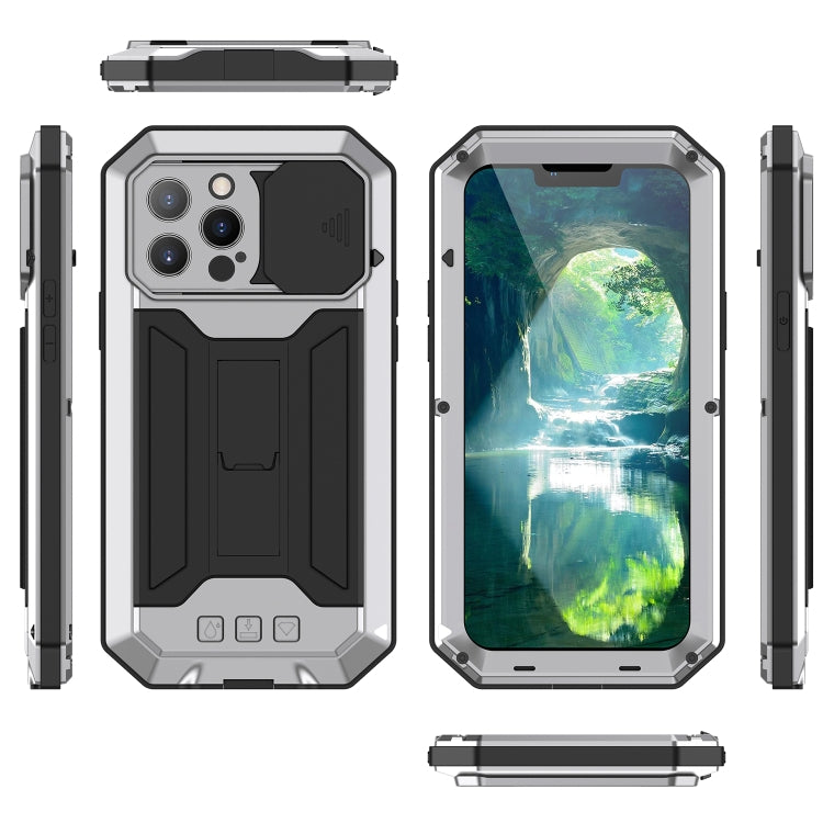 For iPhone 13 Pro Max R-JUST Sliding Camera Shockproof Life Waterproof Dust-proof Metal + Silicone Protective Case with Holder (Silver) - iPhone 13 Pro Max Cases by R-JUST | Online Shopping South Africa | PMC TechLife | Buy Now Pay Later Mobicred