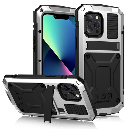 For iPhone 13 mini R-JUST Shockproof Waterproof Dust-proof Metal + Silicone Protective Case with Holder (Silver) - iPhone 13 mini Cases by R-JUST | Online Shopping South Africa | PMC Jewellery