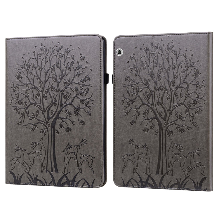 For Huawei MediaPad T3 10 Tree & Deer Pattern Pressed Printing Horizontal Flip PU Leather Case with Holder & Card Slots(Grey) - Huawei by PMC TechLife | Online Shopping South Africa | PMC TechLife | Buy Now Pay Later Mobicred