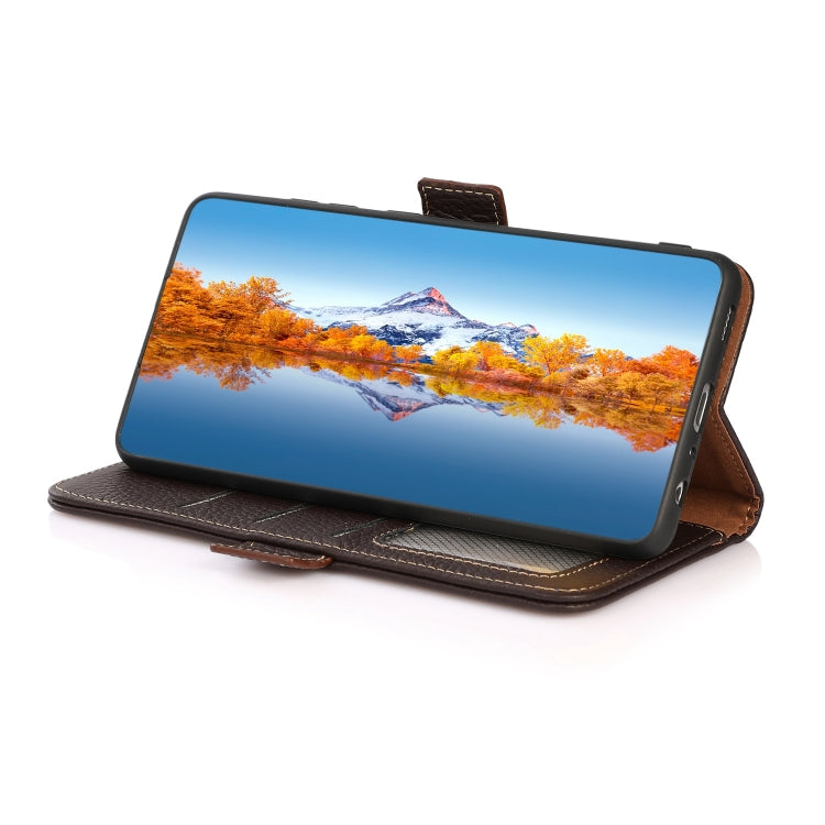 For Motorola Moto E20 / E40 KHAZNEH Side-Magnetic Litchi Genuine Leather RFID Case(Brown) - Motorola Cases by PMC TechLife | Online Shopping South Africa | PMC TechLife | Buy Now Pay Later Mobicred