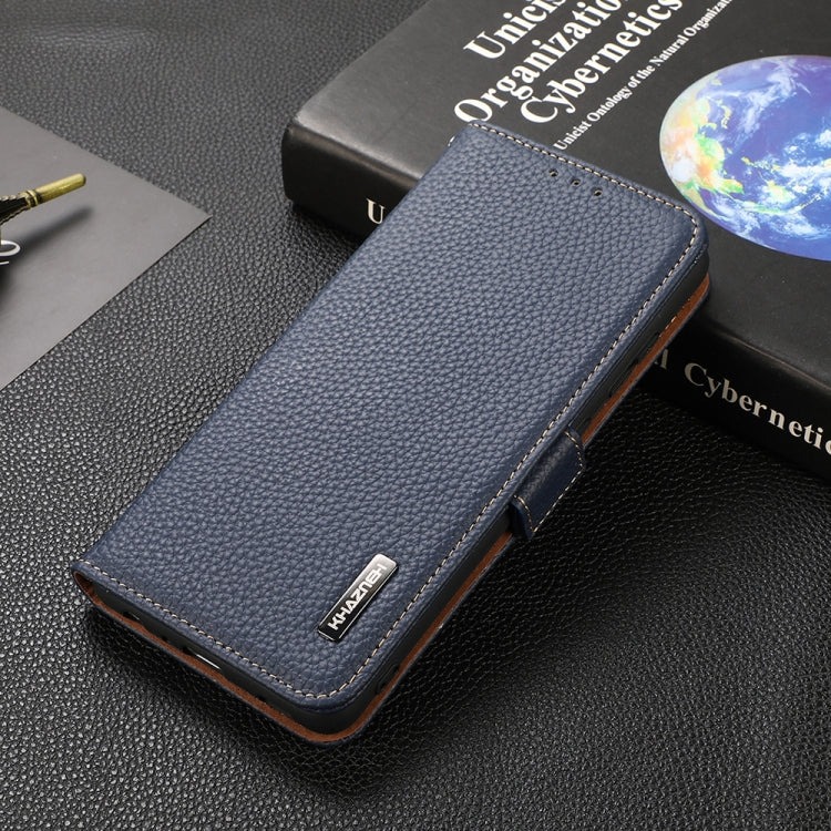 For OnePlus 9RT 5G KHAZNEH Side-Magnetic Litchi Genuine Leather RFID Phone Case(Blue) - OnePlus Cases by PMC TechLife | Online Shopping South Africa | PMC TechLife | Buy Now Pay Later Mobicred