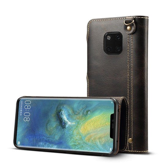 For Huawei Mate 20 Pro Denior Oil Wax Cowhide Magnetic Button Horizontal Flip Leather Case with Card Slots & Wallet(Black) - Huawei Cases by Denior | Online Shopping South Africa | PMC Jewellery | Buy Now Pay Later Mobicred