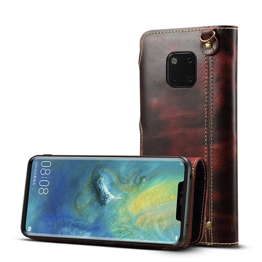 For Huawei Mate 20 Pro Denior Oil Wax Cowhide Magnetic Button Horizontal Flip Leather Case with Card Slots & Wallet(Dark Red) - Huawei Cases by Denior | Online Shopping South Africa | PMC Jewellery | Buy Now Pay Later Mobicred