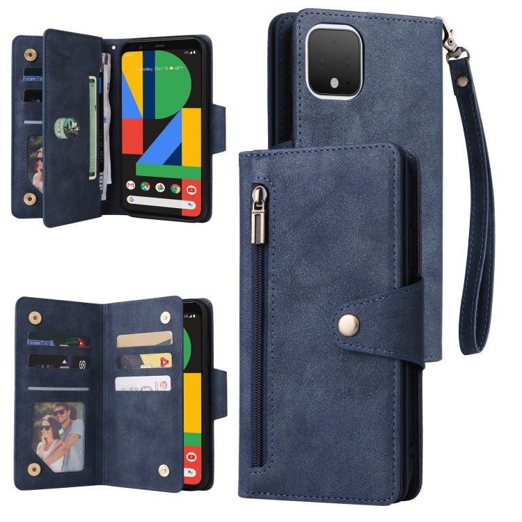 For Google Pixel 4 Rivet Buckle 9 Cards Three Fold Leather Phone Case(Blue) - Google Cases by PMC Jewellery | Online Shopping South Africa | PMC Jewellery | Buy Now Pay Later Mobicred