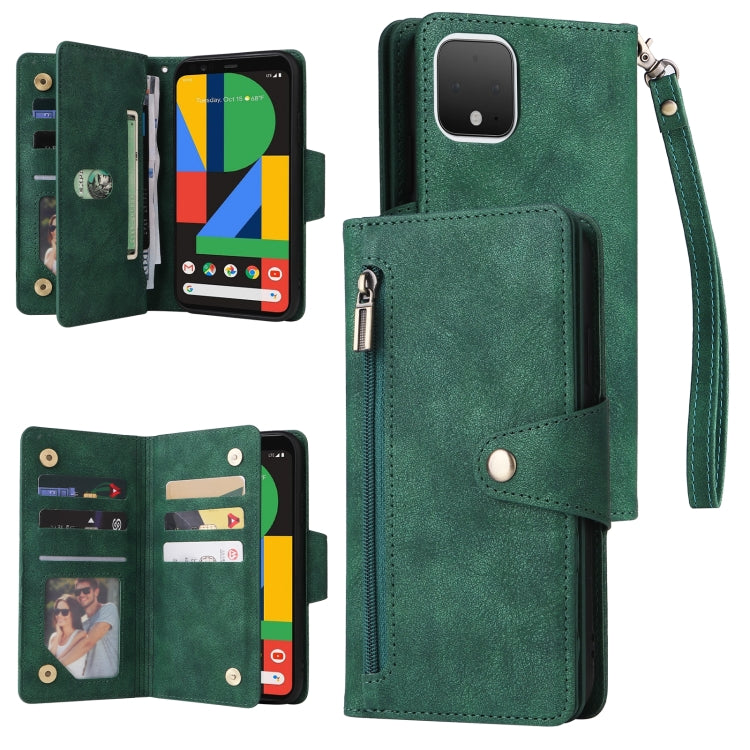 For Google Pixel 4 Rivet Buckle 9 Cards Three Fold Leather Phone Case(Green) - Google Cases by PMC Jewellery | Online Shopping South Africa | PMC Jewellery | Buy Now Pay Later Mobicred