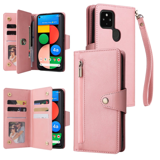 For Google Pixel 4A 5G Rivet Buckle 9 Cards Three Fold Leather Phone Case(Rose Gold) - Google Cases by PMC Jewellery | Online Shopping South Africa | PMC Jewellery | Buy Now Pay Later Mobicred