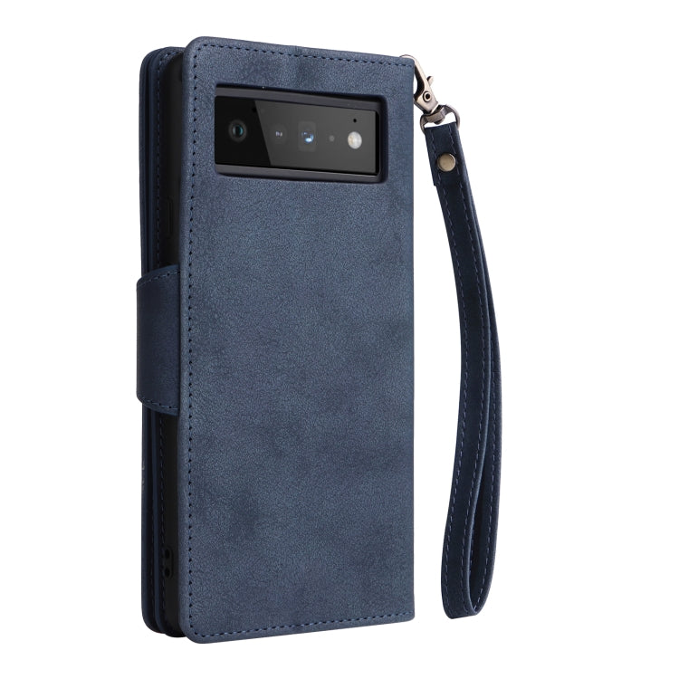 For Google Pixel 6 Pro Rivet Buckle 9 Cards Three Fold Leather Phone Case(Blue) - Google Cases by PMC Jewellery | Online Shopping South Africa | PMC Jewellery | Buy Now Pay Later Mobicred