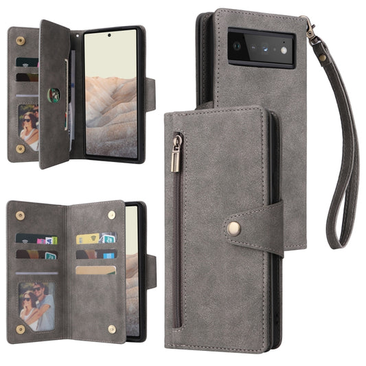 For Google Pixel 6 Pro Rivet Buckle 9 Cards Three Fold Leather Phone Case(Grey) - Google Cases by PMC Jewellery | Online Shopping South Africa | PMC Jewellery | Buy Now Pay Later Mobicred