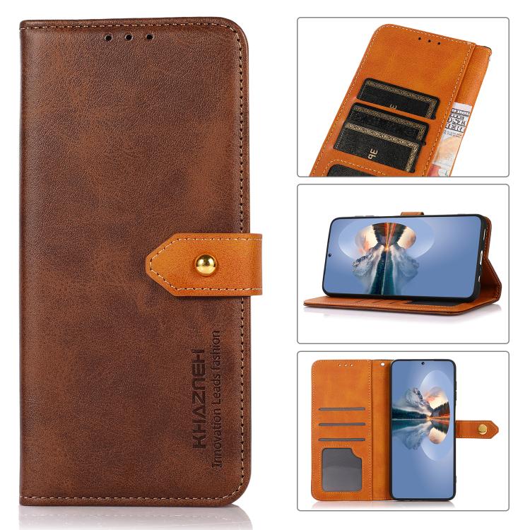 For iPhone 15 KHAZNEH Dual-color Cowhide Texture Flip Leather Phone Case(Brown) - iPhone 16e Cases by PMC TechLife | Online Shopping South Africa | PMC TechLife | Buy Now Pay Later Mobicred