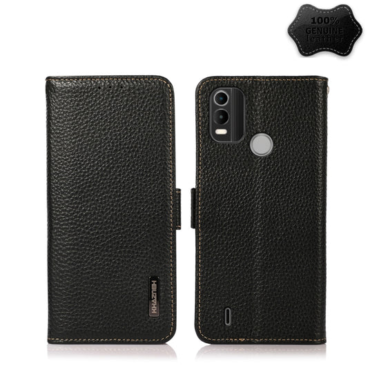 For Nokia C21 Plus KHAZNEH Side-Magnetic Litchi Genuine Leather RFID Phone Case(Black) - Nokia Cases by PMC Jewellery | Online Shopping South Africa | PMC Jewellery | Buy Now Pay Later Mobicred