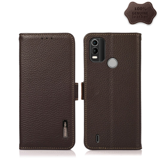 For Nokia C21 Plus KHAZNEH Side-Magnetic Litchi Genuine Leather RFID Phone Case(Brown) - Nokia Cases by PMC Jewellery | Online Shopping South Africa | PMC Jewellery | Buy Now Pay Later Mobicred