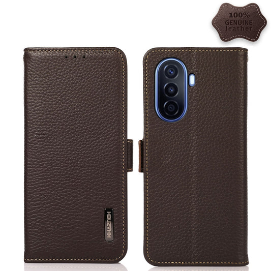 For Huawei nova Y70 Plus KHAZNEH Side-Magnetic Litchi Genuine Leather RFID Phone Case(Brown) - Huawei Cases by PMC Jewellery | Online Shopping South Africa | PMC Jewellery | Buy Now Pay Later Mobicred