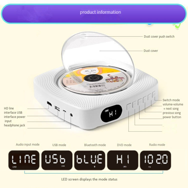 Kecag KC-609 Wall Mounted Home DVD Player Bluetooth CD Player, Specification:CD Version+ Not Connected to TV+ Plug-In Version(Black) - free shipping - PMC Jewellery - Order now!